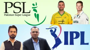 Rilee Rossouw, Steve Smith, Basit Ali and Ahmed Shehzad with PSL and IPL logos in cricket league comparison graphic