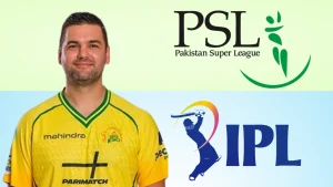 Rilee Rossouw with IPL and Pakistan Super League (PSL) logos displayed on a split background featuring both leagues