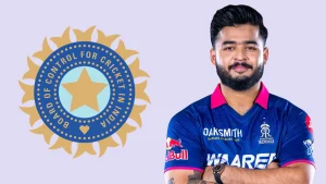 Riyan Parag in Rajasthan Royals jersey with Board of Control for Cricket in India (BCCI) logo, representing Indian domestic and IPL cricket.