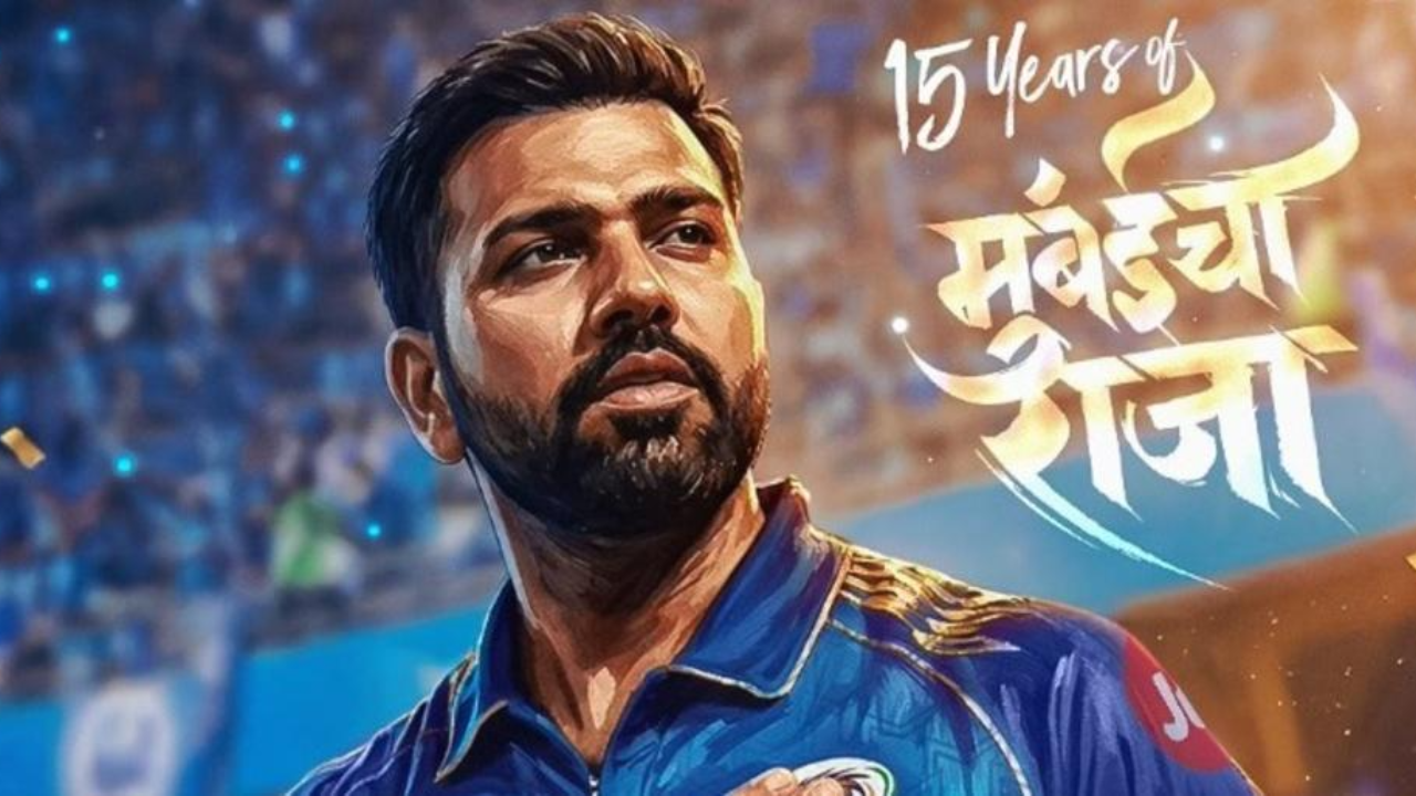 Rohit Sharma in Mumbai Indians jersey celebrating 15 years milestone with stadium background and commemorative text