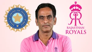 Romi Bhinder with BCCI logo on the left and Rajasthan Royals (RR) logo on the right on a light background