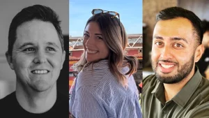 Portraits of Ryan van Niekerk, Anna Glass, and Manish Patel shown side by side in a composite image.