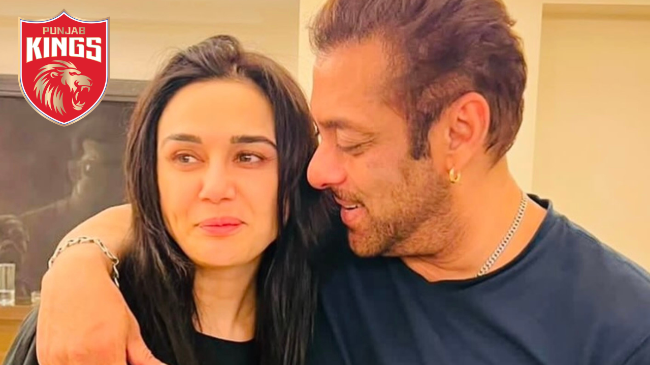 Salman Khan and Preity Zinta together in a candid moment with Punjab Kings logo, highlighting IPL team connection