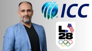Sanjog Gupta with ICC logo and LA28 Olympics logo representing cricket’s role in Los Angeles 2028 Games.