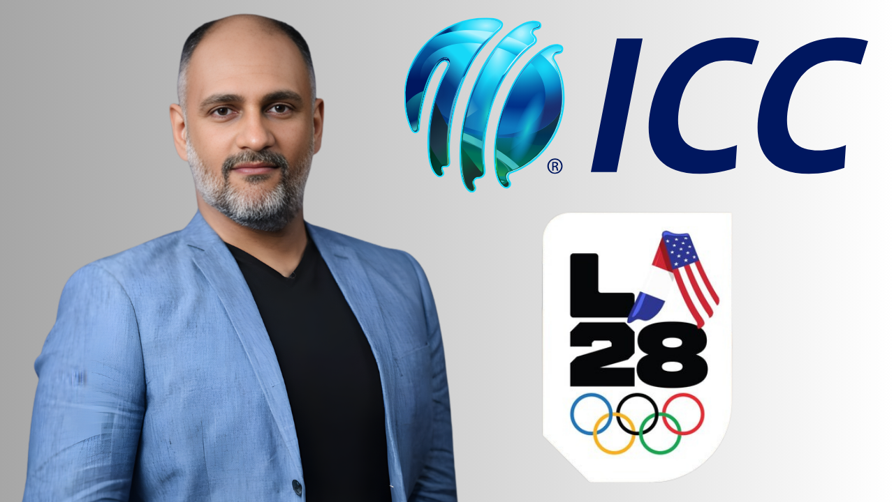 Sanjog Gupta with ICC logo and LA28 Olympics logo representing cricket’s role in Los Angeles 2028 Games.