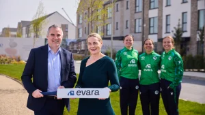 Sarah Keane and Evara CEO Michael Hynes at Pebble Cove Show Court Portmarnock with Ireland cricketers Lara McBride Amy Hunter and Leah Paul