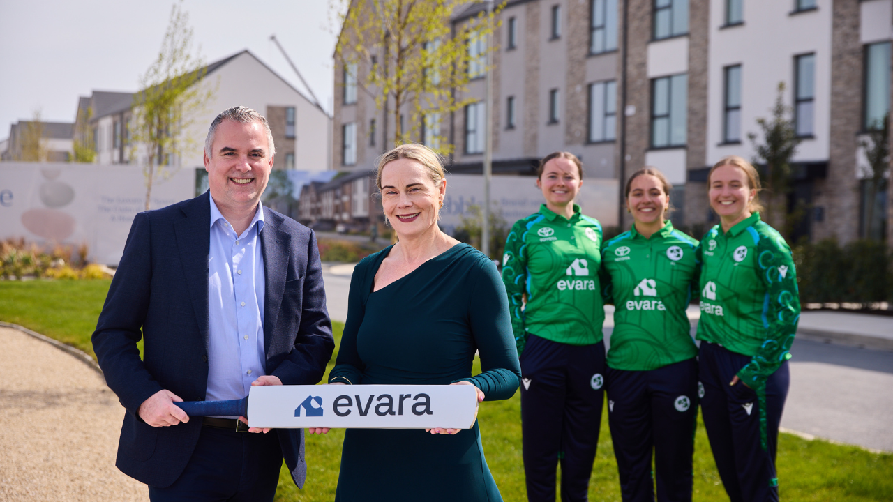 Sarah Keane and Evara CEO Michael Hynes at Pebble Cove Show Court Portmarnock with Ireland cricketers Lara McBride Amy Hunter and Leah Paul