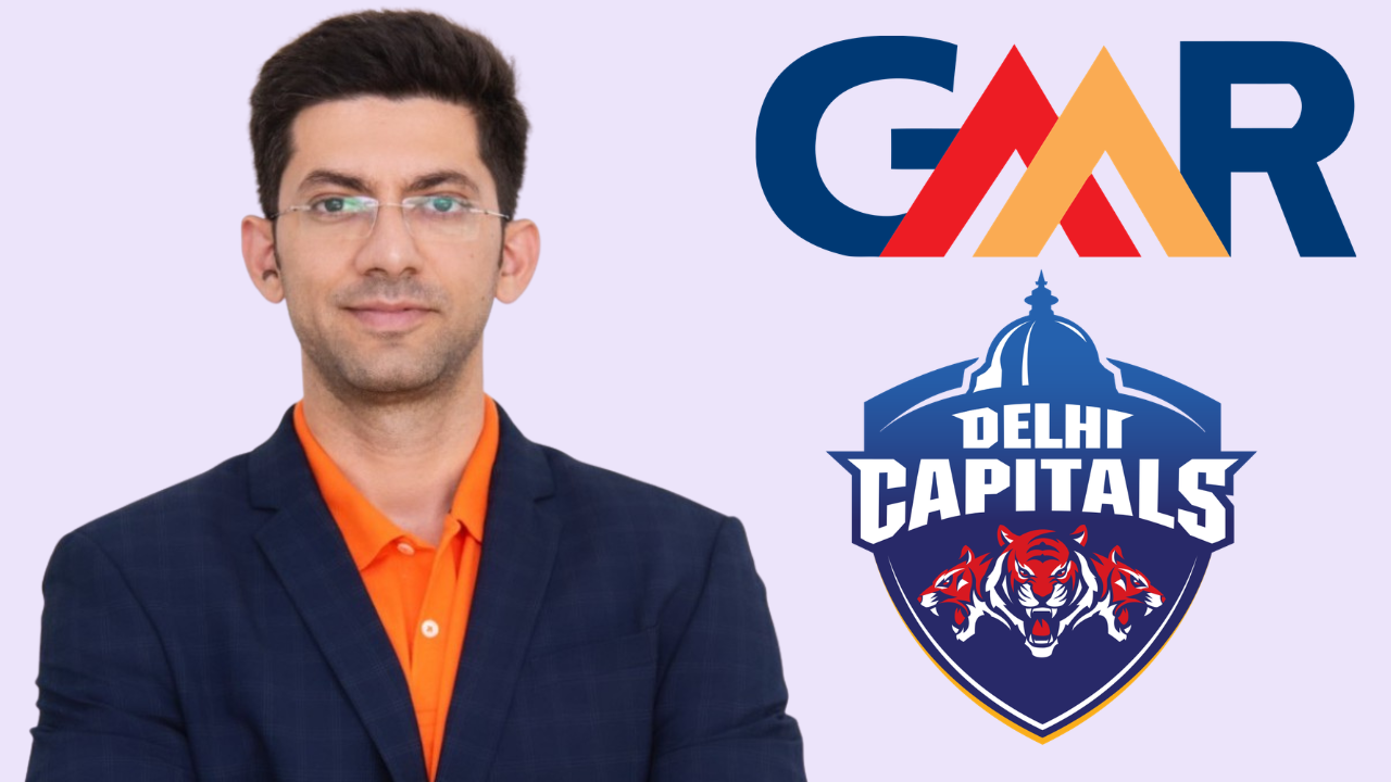 Satyam Trivedi pictured alongside GMR and Delhi Capitals logos representing cricket franchise leadership and management
