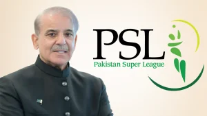 Pakistan Prime Minister Shehbaz Sharif pictured alongside Pakistan Super League PSL logo in cricket governance context