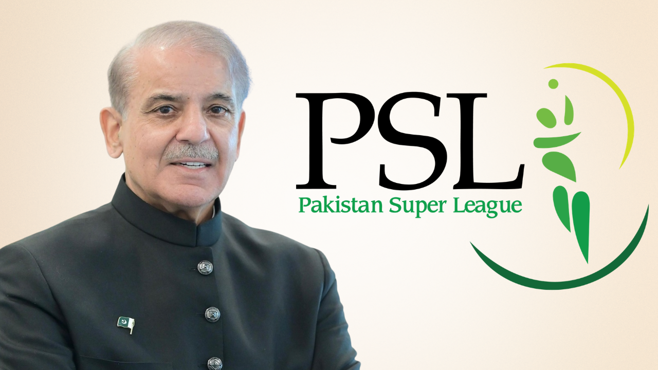 Pakistan Prime Minister Shehbaz Sharif pictured alongside Pakistan Super League PSL logo in cricket governance context