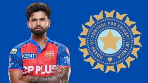 Shreyas Iyer in Punjab Kings jersey alongside BCCI Board of Control for Cricket in India logo on blue background