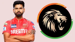 Shreyas Iyer in Punjab Kings jersey alongside PBKS logo, Indian Premier League cricket team branding
