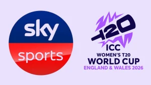 Sky Sports logo alongside ICC Women’s T20 World Cup 2026 England and Wales logo on light background.