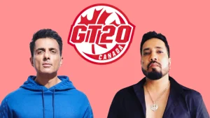Sonu Sood and Mika Singh featured in a GT20 Canada promotional graphic with partially obscured overlay elements.