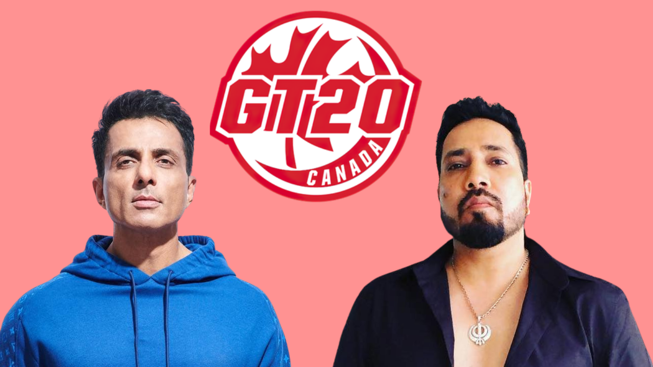 Sonu Sood and Mika Singh featured in a GT20 Canada promotional graphic with partially obscured overlay elements.