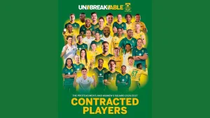 South Africa Proteas men’s and women’s contracted players 2026-2027 squad announcement featuring national cricket team athletes in green and gold uniforms