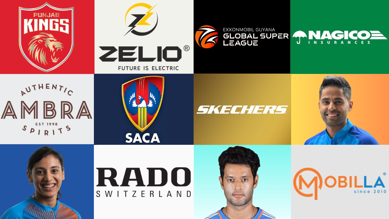 Collage of sports brands and cricket team logos including Punjab Kings, SACA, Skechers, Global Super League, and other sponsors with athlete images.