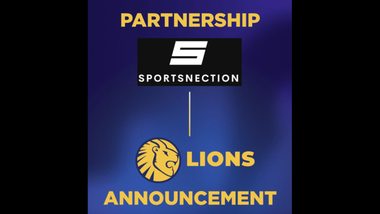 Sportsnection partnership announcement with Lions team logo on blue background highlighting official collaboration news