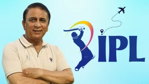 Sunil Gavaskar with IPL logo and travel graphic on a blue background.