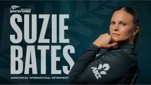 Suzie Bates of New Zealand White Ferns announces international retirement in promotional graphic with portrait and text overlay