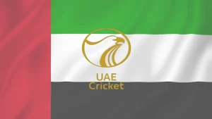 UAE Cricket logo over United Arab Emirates flag background representing Emirates Cricket Board branding