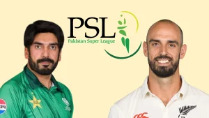 Usman Tariq and Daryl Mitchell with Pakistan Super League (PSL) logo centered between the two cricketers on a light background