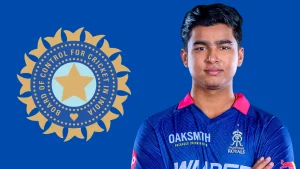 Vaibhav Sooryavanshi in Rajasthan Royals jersey with BCCI Board of Control for Cricket in India logo on blue background representing Indian cricket player profile