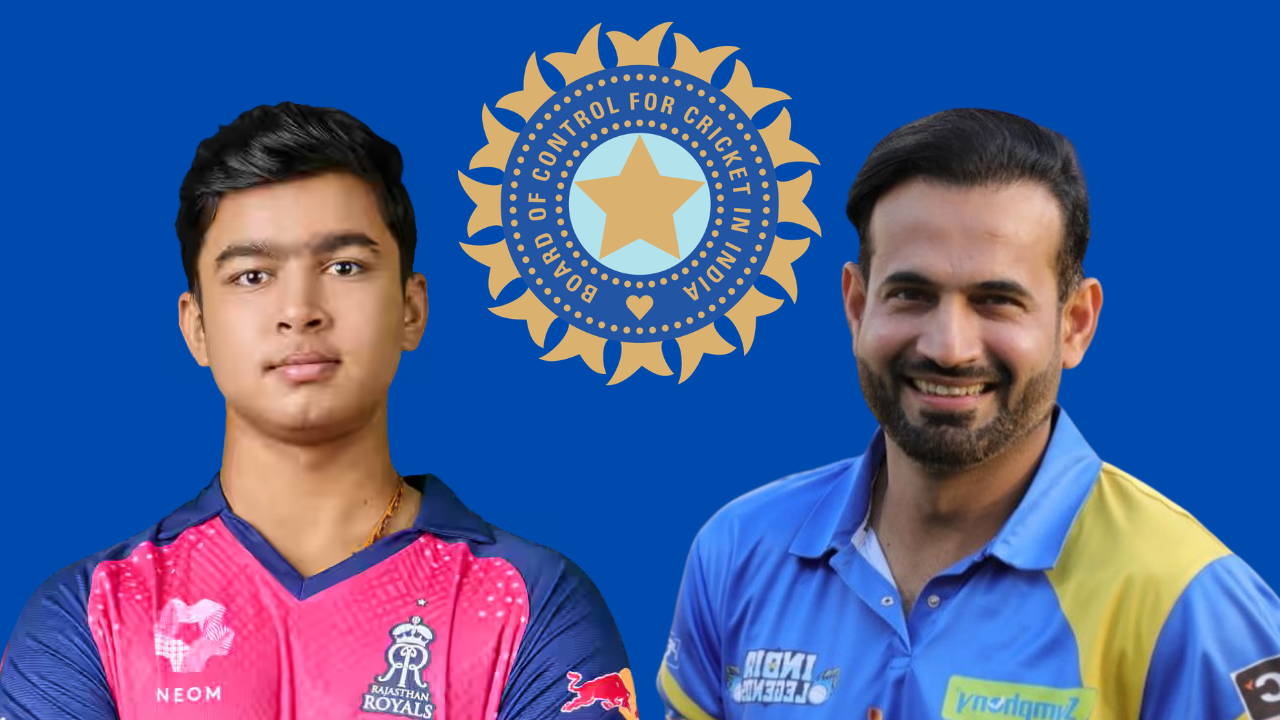 Vaibhav Sooryavanshi and Irfan Pathan with the BCCI logo on a blue background.