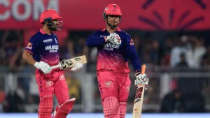 Vaibhav batting for Rajasthan Royals during IPL match with teammate at non-striker end