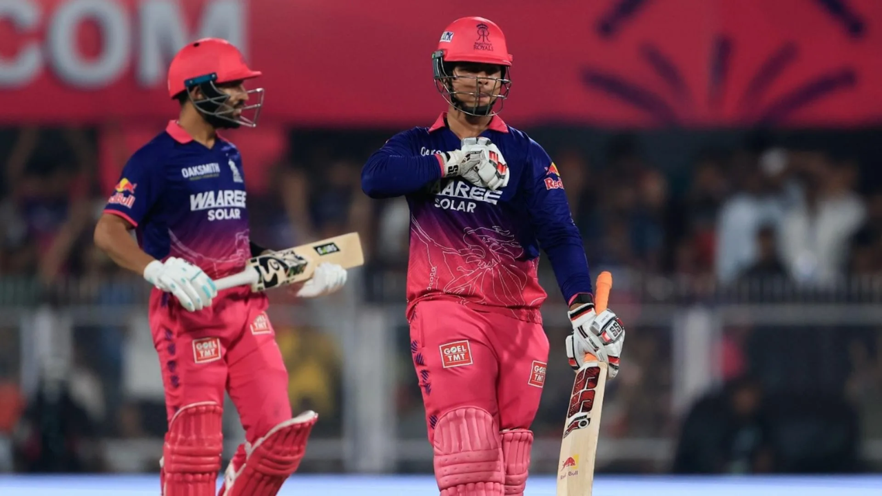 Vaibhav batting for Rajasthan Royals during IPL match with teammate at non-striker end