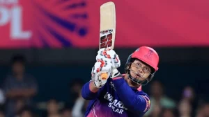 Vaibhav Sooryavanshi of Rajasthan Royals playing a batting shot during IPL match action