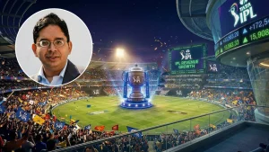 Vikash Kumar with IPL trophy in stadium highlighting Indian Premier League revenue growth and commercial success