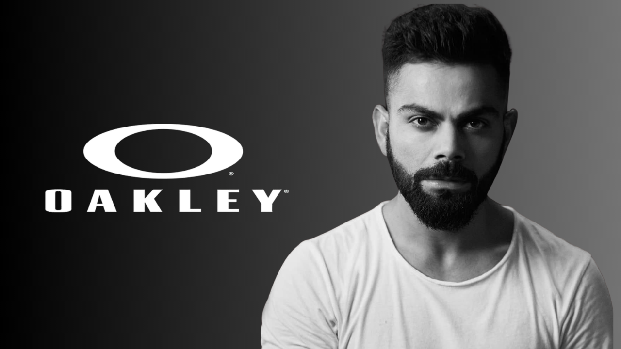 Black and white portrait of Virat Kohli alongside the Oakley logo, highlighting brand endorsement by the Indian cricketer.