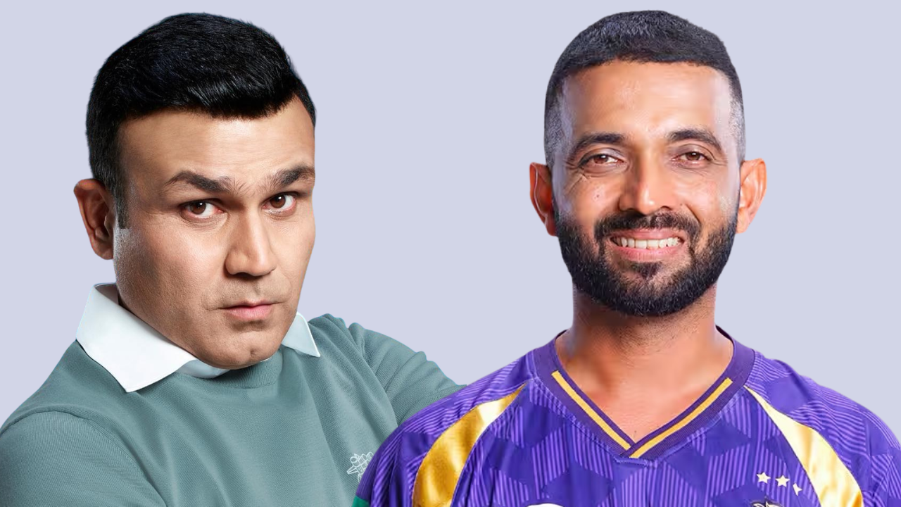 Virender Sehwag and Ajinkya Rahane portrait with Rahane in KKR jersey on neutral background