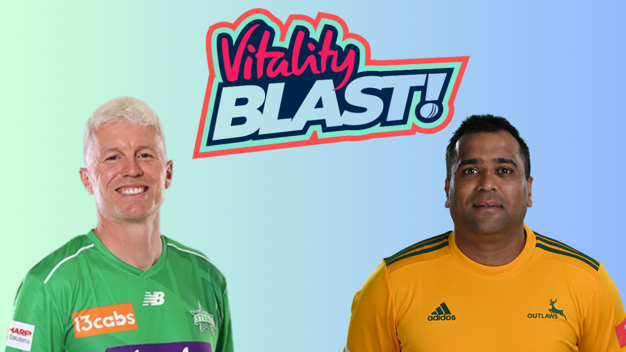 Peter Siddle and Samit Patel with Vitality Blast T20 logo representing English domestic cricket competition.