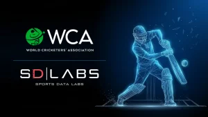 WCA World Cricketers Association and SD Labs Sports Data Labs logos with digital cricket player illustration representing sports data analytics and technology in cricket