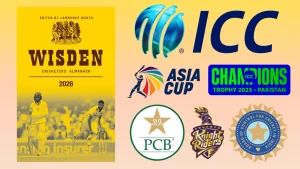 Wisden Cricketers Almanack 2026 cover alongside ICC, Asia Cup, Champions Trophy, PCB, KKR and BCCI logos