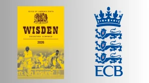 Wisden Cricketers’ Almanack 2026 cover alongside England and Wales Cricket Board ECB logo on clean background