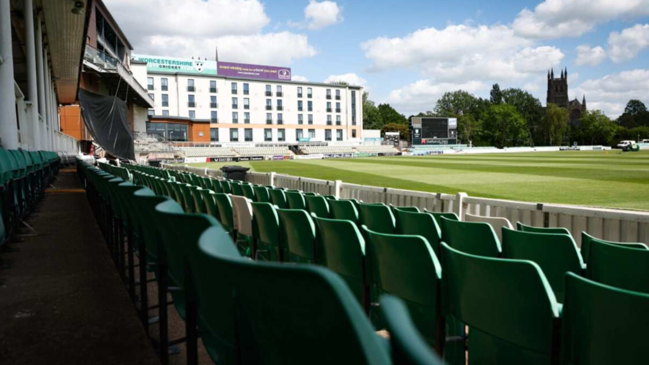 Worcestershire New Road cricket ground seating and outfield view during stadium upgrades development
