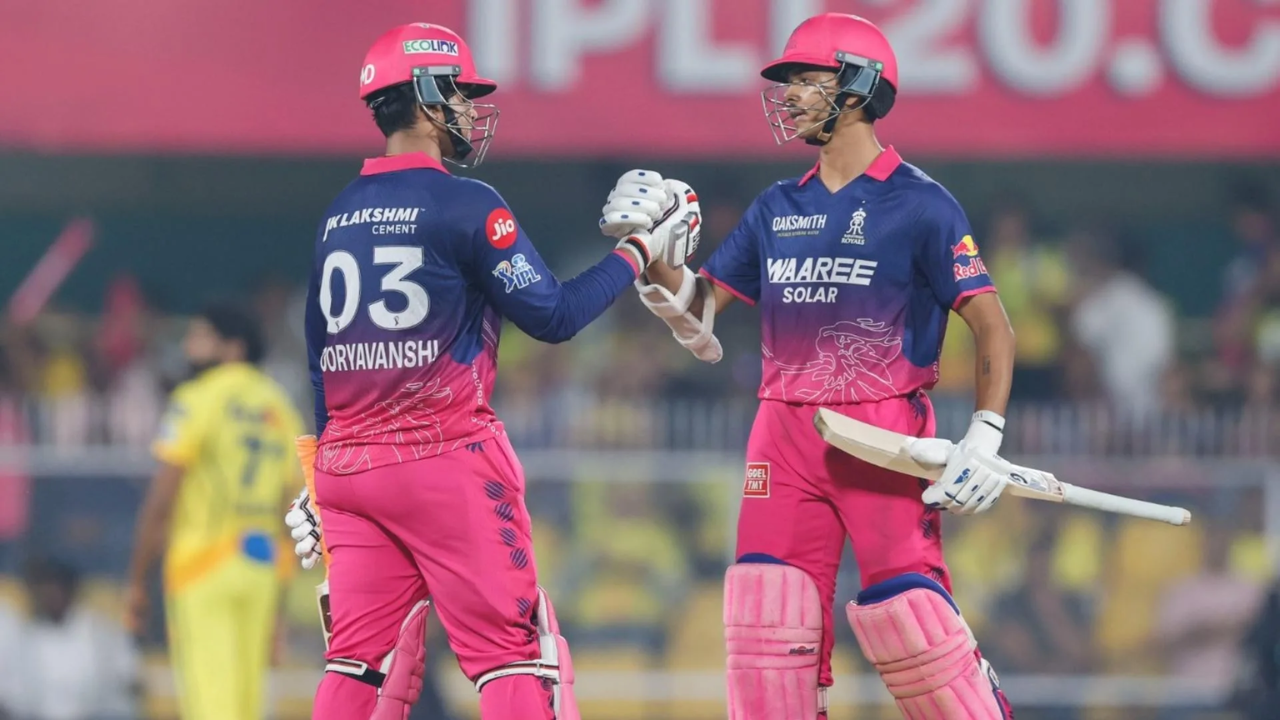 Yashasvi Jaiswal and Vaibhav Sooryavanshi of Rajasthan Royals celebrate a batting partnership during an IPL match.