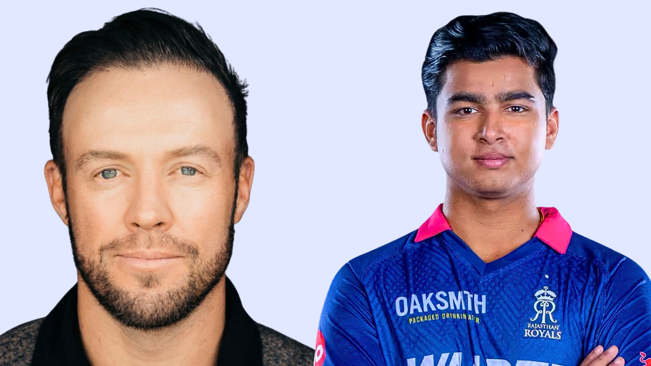 AB de Villiers alongside Rajasthan Royals youngster Vaibhav Sooryavanshi in a promotional cricket graphic.