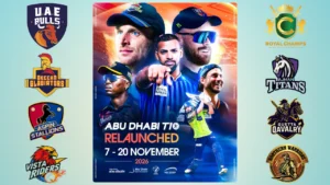 Abu Dhabi T10 2026 relaunch poster featuring tournament players and logos of all participating teams including UAE Bulls, Deccan Gladiators, Ajman Titans and Northern Warriors.