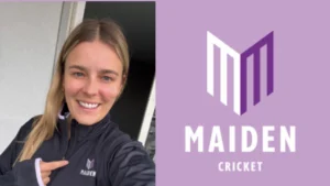 Alex Hartley wearing Maiden Cricket apparel alongside the Maiden Cricket logo after joining as Pro Ambassador