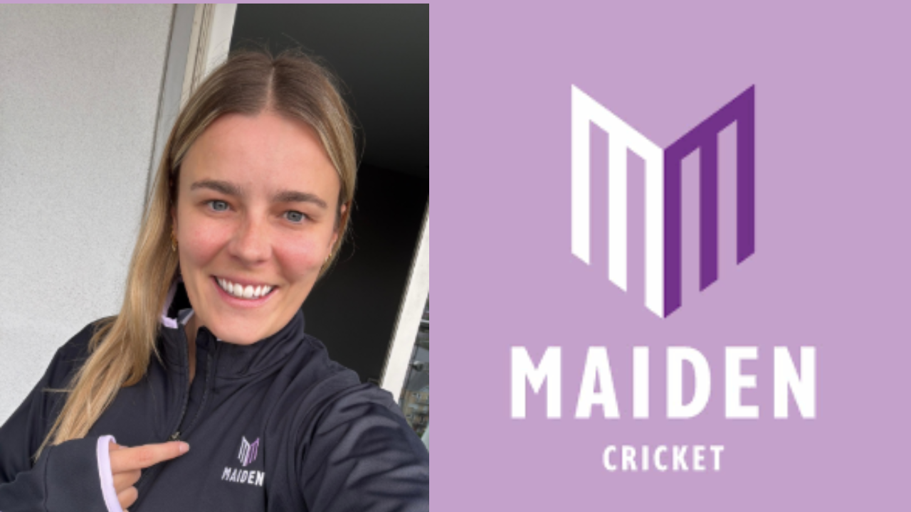 Alex Hartley wearing Maiden Cricket apparel alongside the Maiden Cricket logo after joining as Pro Ambassador