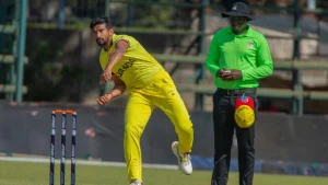 Uganda Cricket Cranes all-rounder Alpesh Ramjani delivers the ball during an international cricket match.