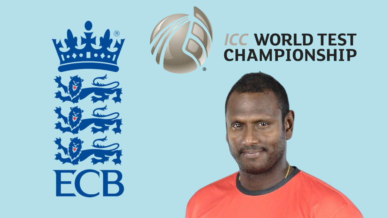 Former Sri Lanka captain Angelo Mathews pictured alongside ECB and ICC World Test Championship logos.