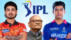 Graphic featuring Anil Agarwal, Ishan Kishan and Vaibhav Sooryavanshi alongside the IPL logo in relation to Indian Premier League news and player discussions.