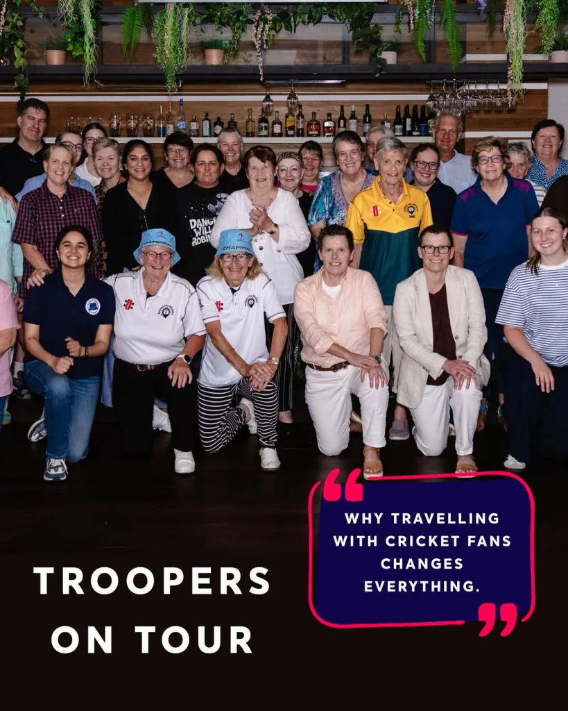 Around the Wickets “Troopers” group gathered during a cricket fan tour event, highlighting the friendships and community built through shared travel experiences.