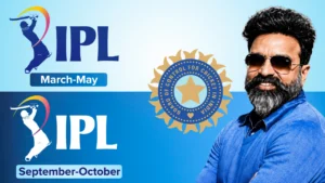 IPL and BCCI logos alongside IPL chairman Arun Dhumal with graphics showing proposed March-May and September-October IPL windows.