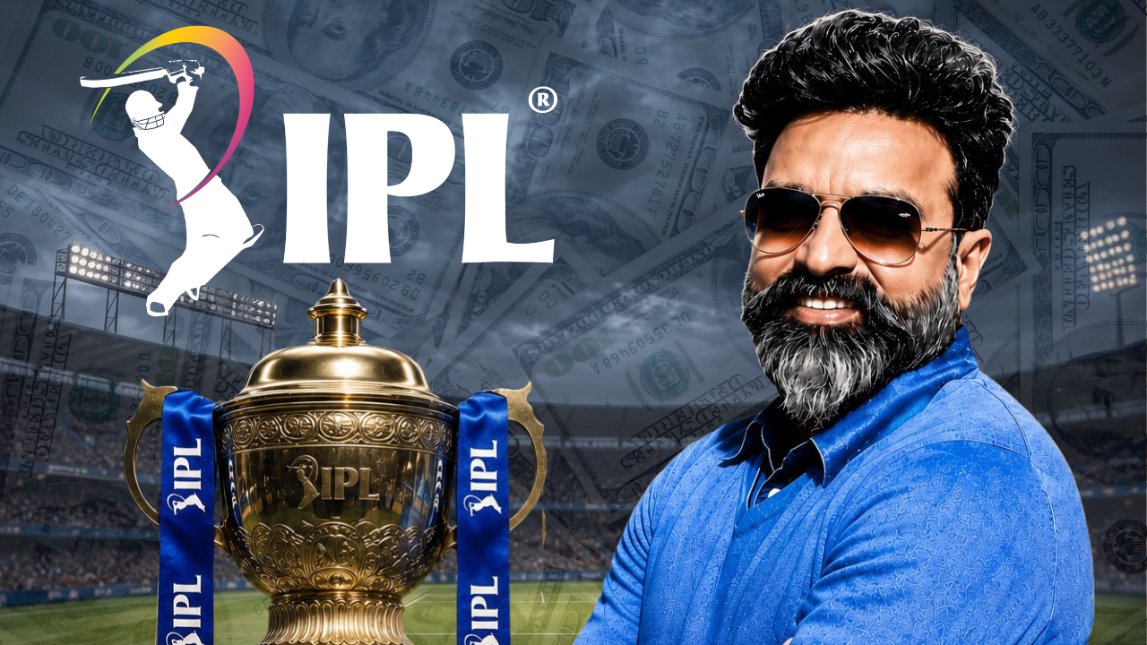 IPL chairman Arun Dhumal featured alongside the IPL logo and trophy with cricket finance themed background
